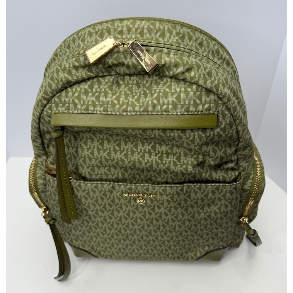 Michael Kors Prescott LG Backpack Smokey Olive  Leather Trim Gold Hardware - Picture 2 of 13